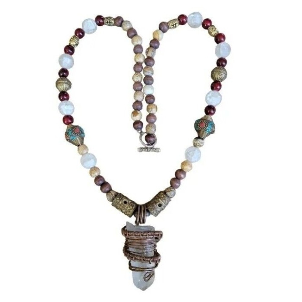 Huge Quartz Crystal Copper Wire Wrap Jasper Coral Turquoise Inlay Bead Necklace